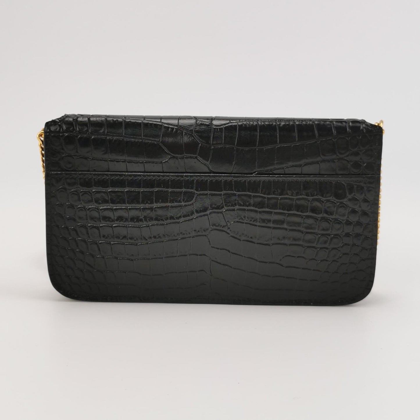 Saint Laurent - Monogram Wallet on Chain (WOC) - Calfskin leather with crocodile embossing - Black with Gold-Tone Hardware - (Mini)