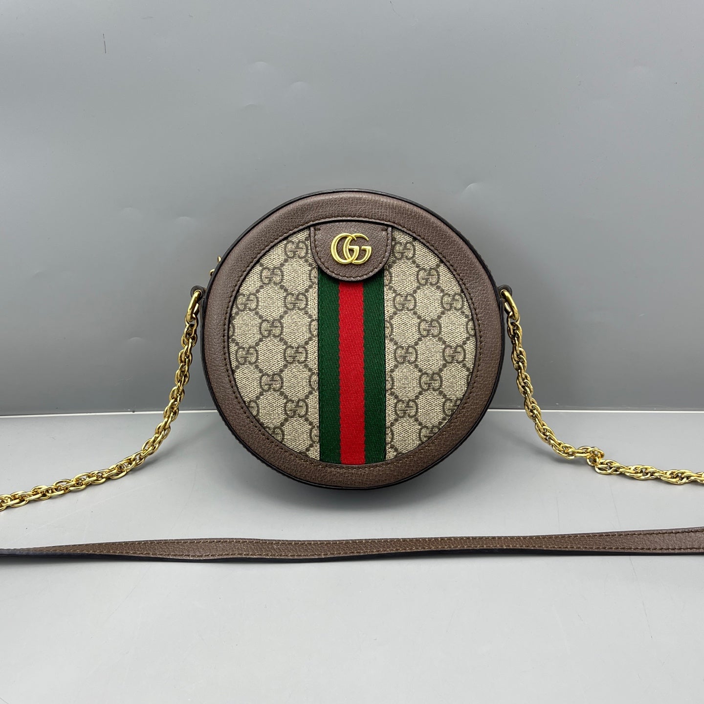 Gucci - Ophidia Round Shoulder Bag - GG Supreme canvas with leather trim - Beige and Brown with Red and Green accents - (mini)