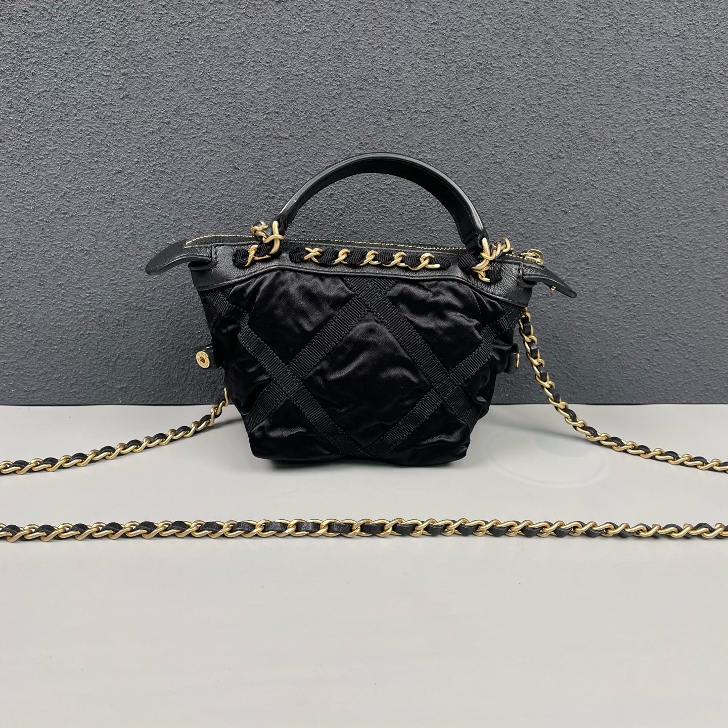 Chanel - Mini Top Handle Crossbody Pouch Bag - Satin with leather trim - Black with Gold-Tone Hardware - (Mini)