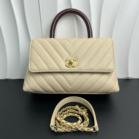 Chanel - Coco Handle Small - Caviar leather with exotic lizard skin handle - Beige - (Small)
