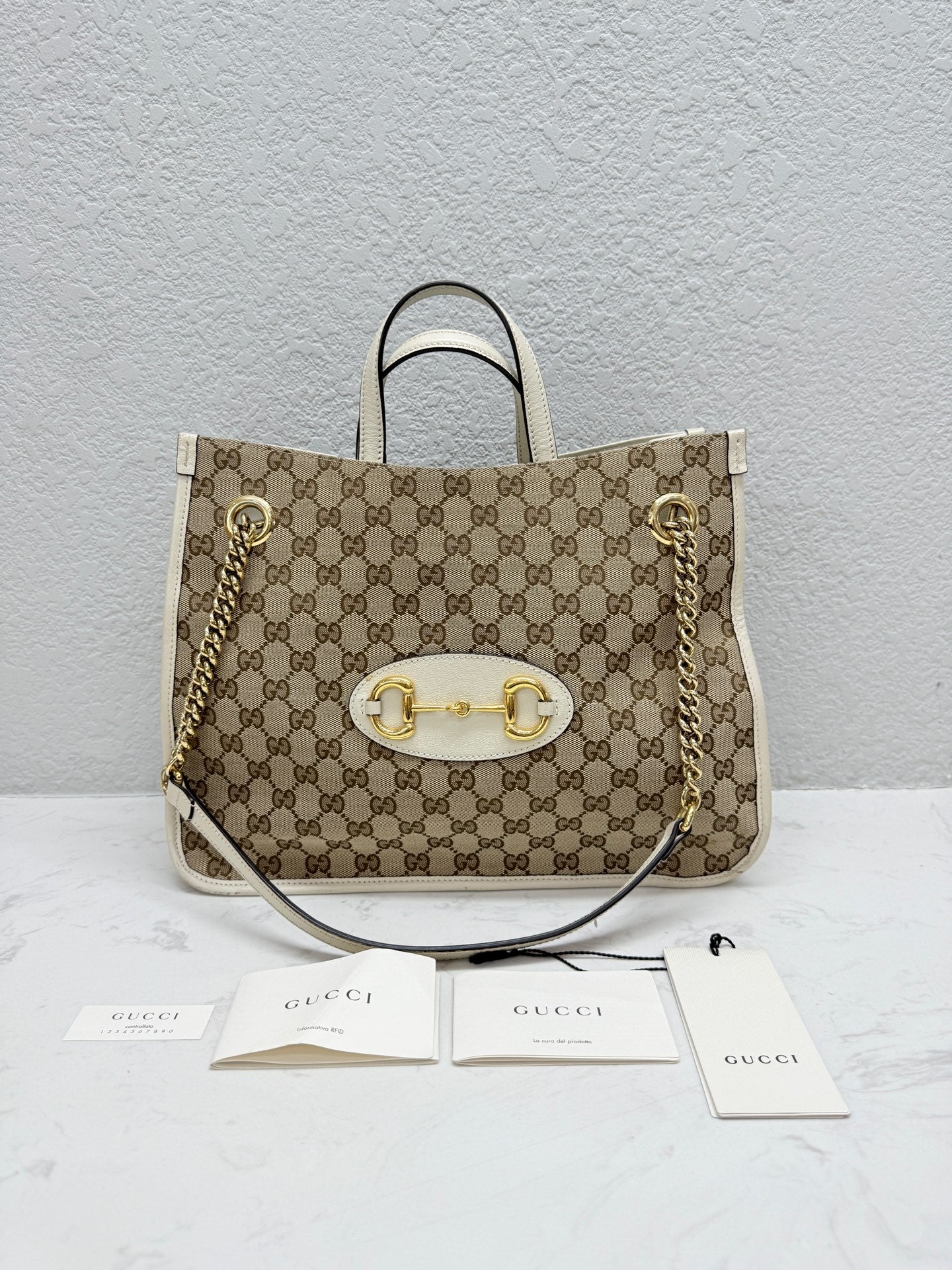 Gucci - 1955 Horsebit Tote - GG Supreme Canvas with Leather Trim - Beige and Cream - (medium)
