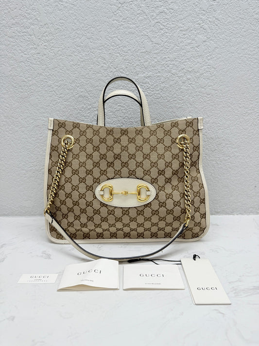 Gucci - 1955 Horsebit Tote - GG Supreme Canvas with Leather Trim - Beige and Cream - (medium)
