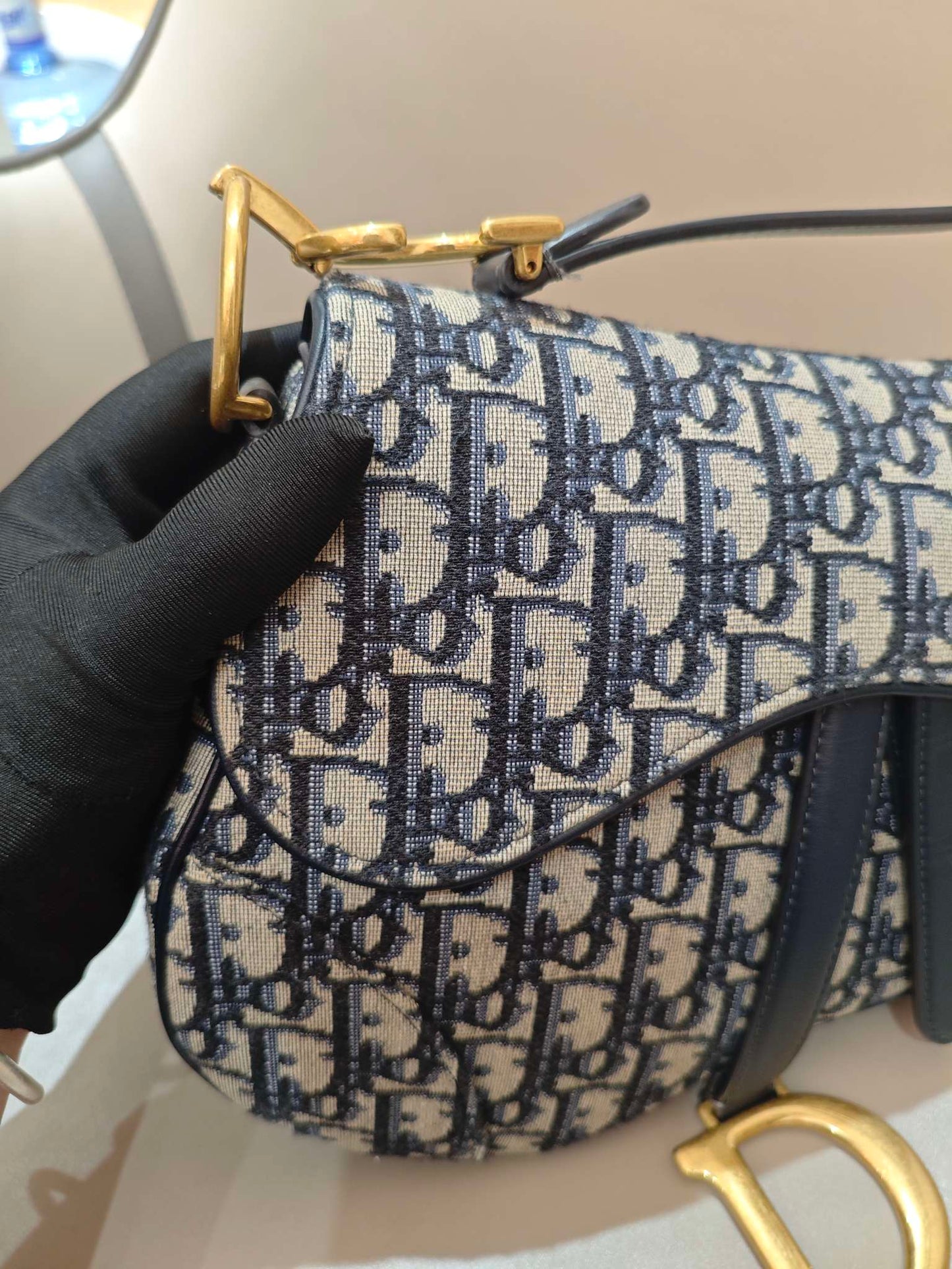 Dior - Saddle Bag - Dior Oblique Jacquard Canvas with Leather Trim - Navy Blue and Beige - (Medium)