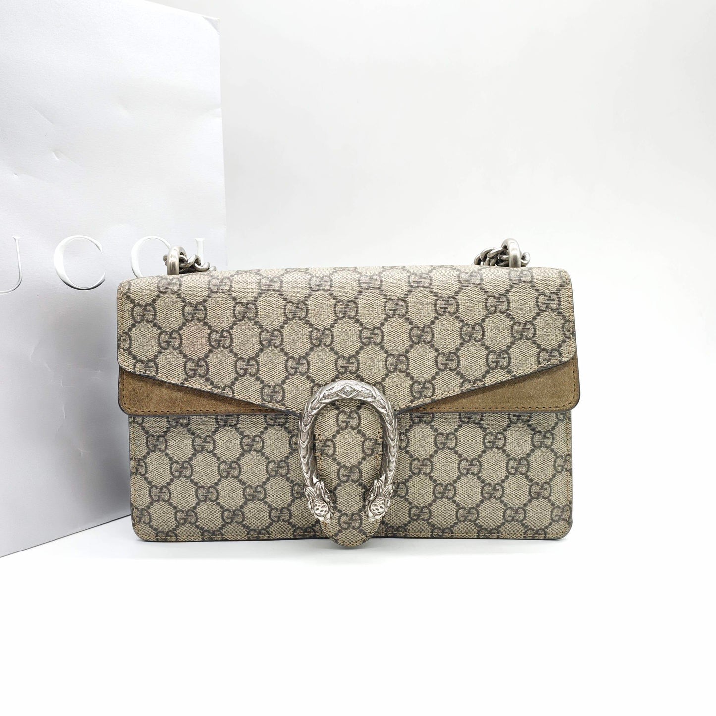 Gucci - Dionysus Medium Shoulder Bag - GG Supreme coated canvas with suede and leather trim - Beige GG Supreme canvas with camel suede and brown leather trim - (medium)