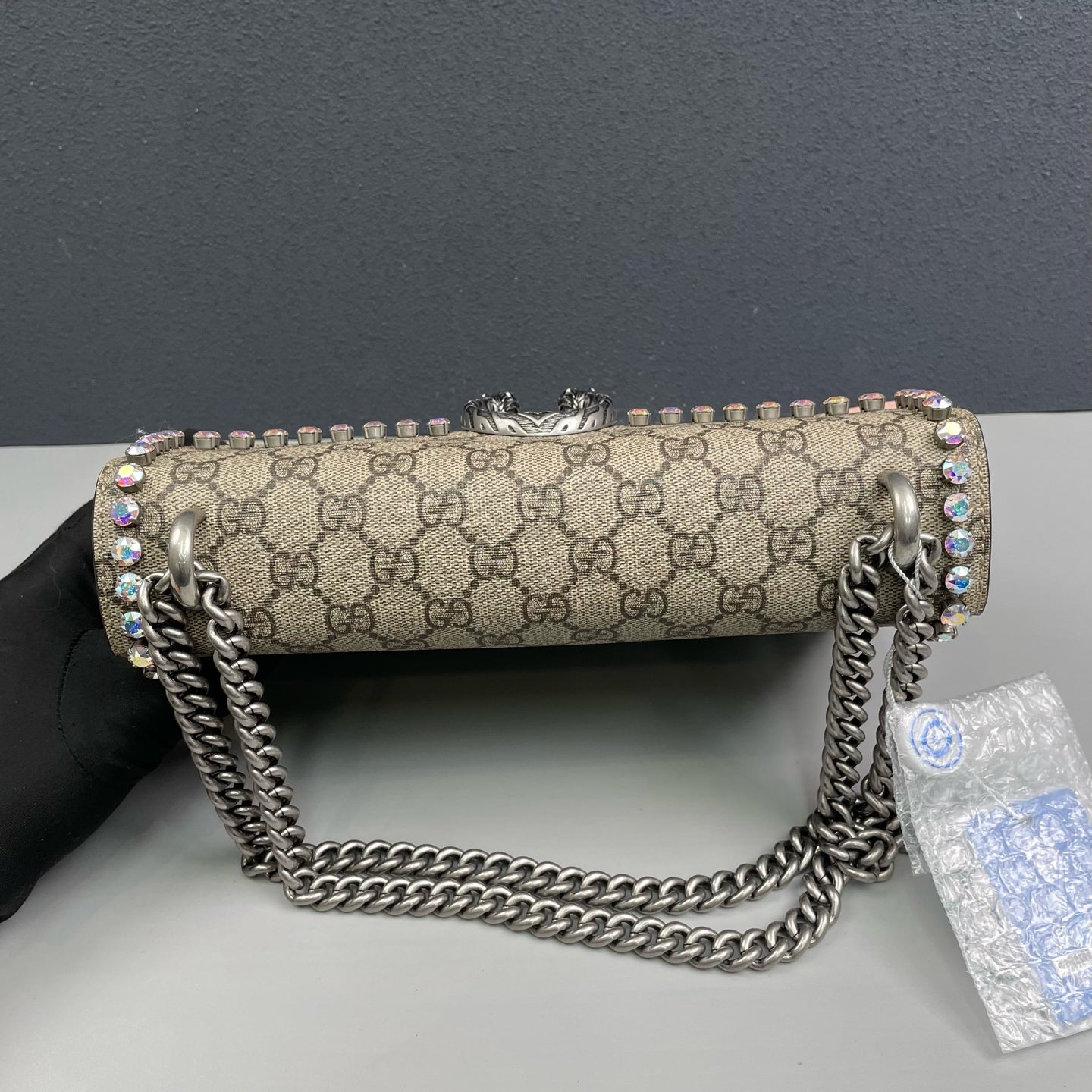 Gucci - Dionysus Medium Shoulder Bag with Crystals - GG Supreme canvas with pink suede and rhinestone embellishments - Beige, Pink, Multicolour - (Medium)