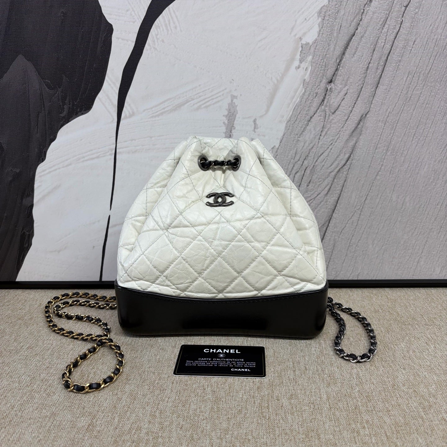Chanel - Gabrielle Backpack - Distressed calfskin and smooth calfskin - Black and White with Silver-Tone Hardware - (Small)