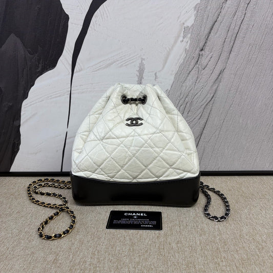 Chanel - Gabrielle Backpack - Distressed calfskin and smooth calfskin - Black and White with Silver-Tone Hardware - (Small)