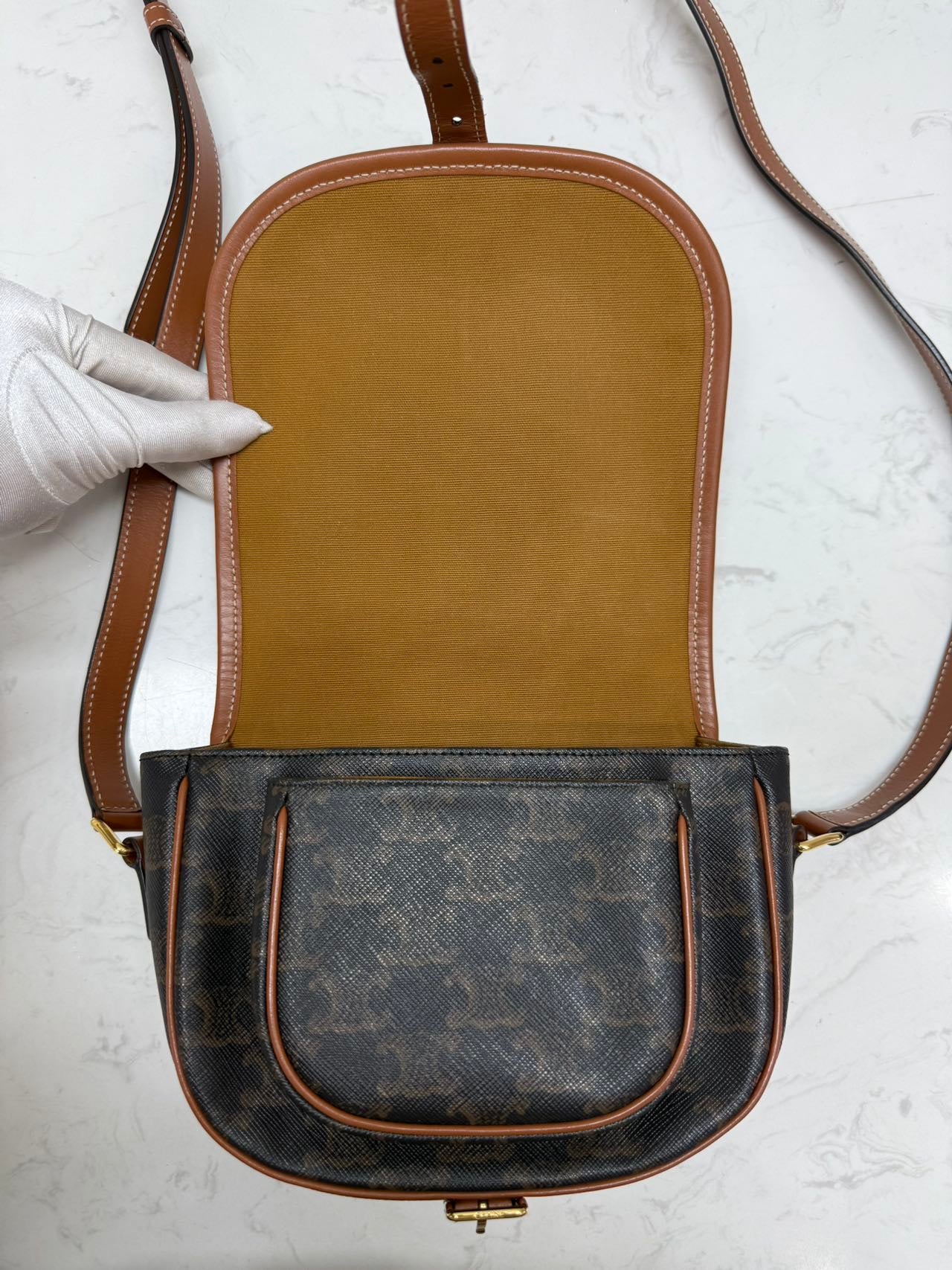 Celine - Triomphe Saddle Bag - Coated canvas with leather trim - Brown - (medium)