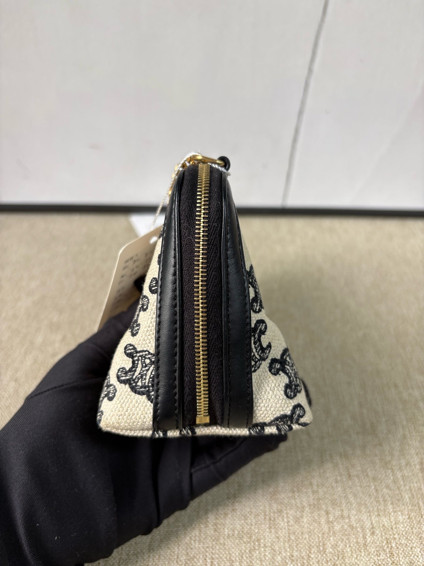 Celine - Mini Triomphe Canvas Pouch with Chain - Triomphe Canvas and Calfskin Leather - Beige, Black, Gold-Tone Hardware - (mini)