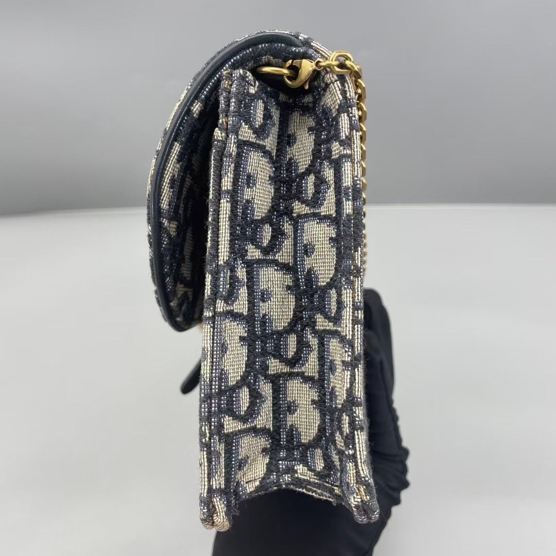 Dior - Saddle Wallet on Chain (WOC) - Oblique jacquard canvas with leather trim - Blue - (small)