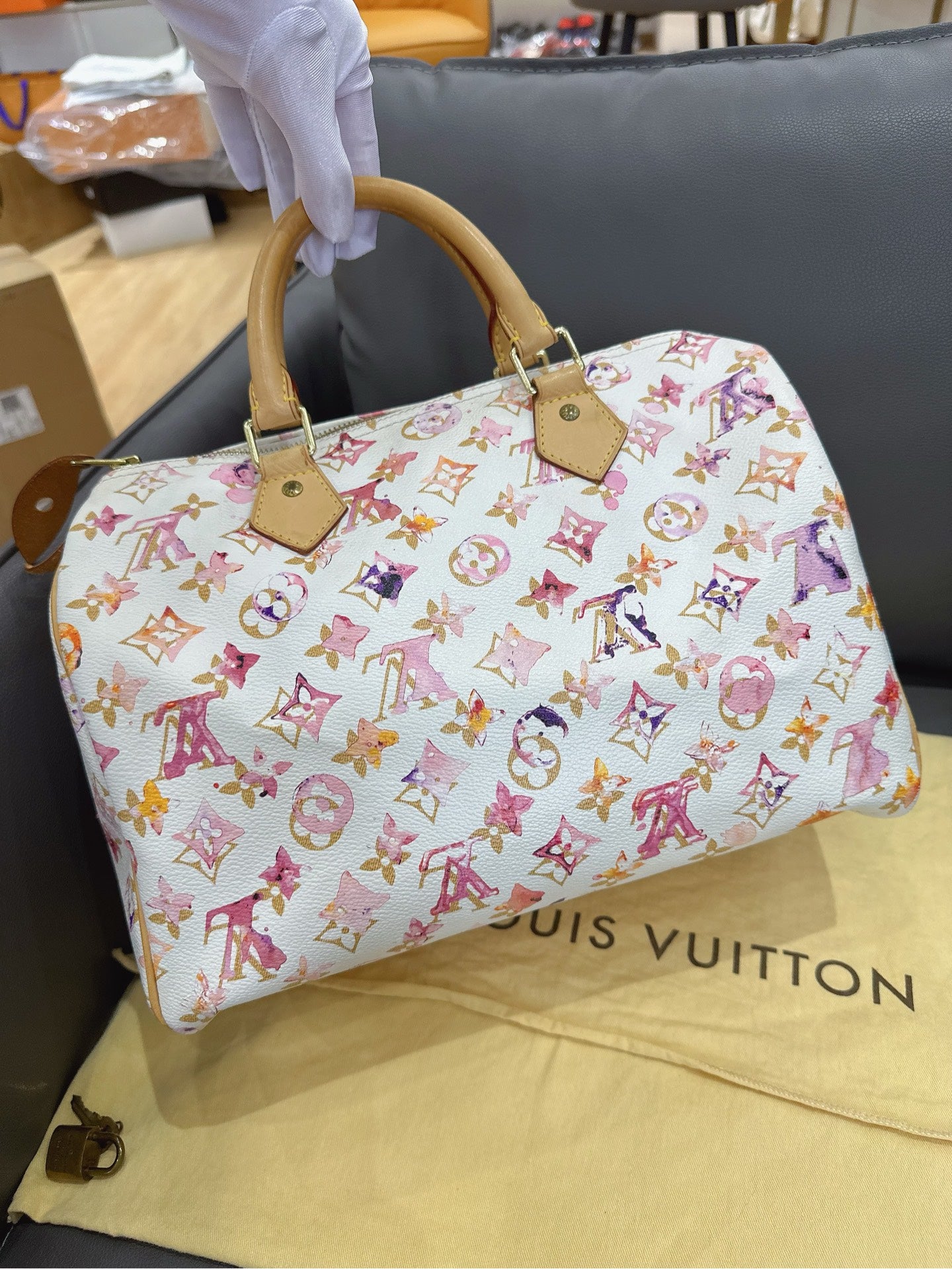 Louis Vuitton - Speedy 30 Watercolor - Coated canvas with Vachetta leather trim - White with Multicolour print - (Medium)