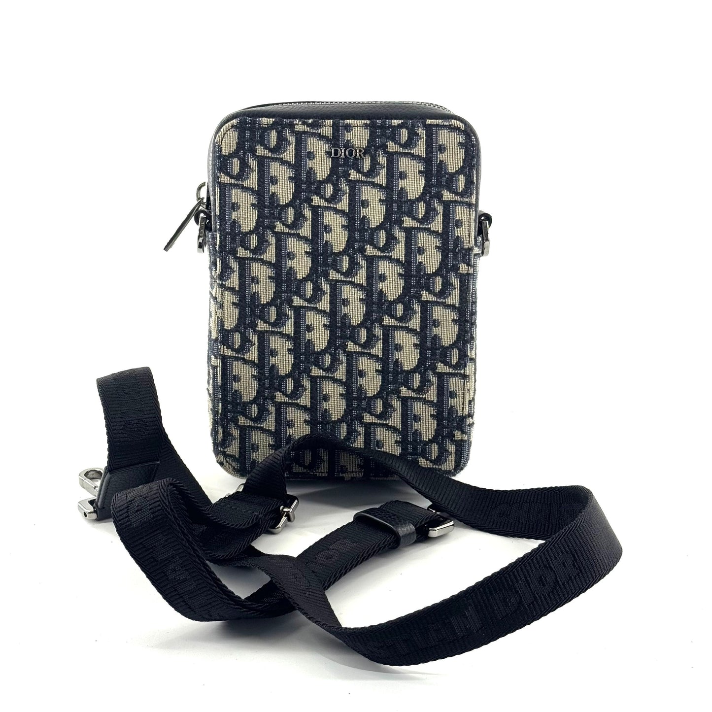 Dior - Oblique Canvas Vertical Phone Pouch - Canvas and Leather - Blue and Beige with Black trim - (mini)