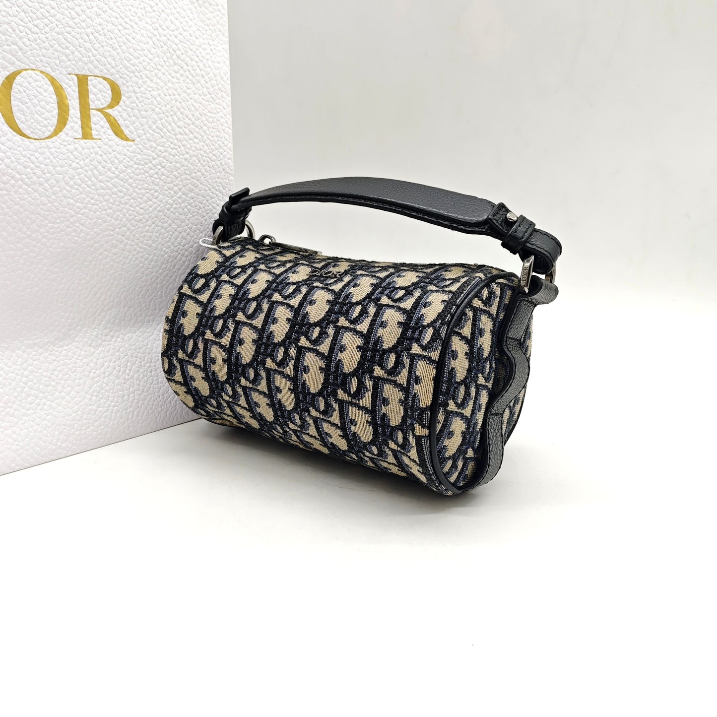 Dior - Mini Oblique Messenger Cylinder Bag - Embroidered canvas with leather trim - Beige and Blue - (mini)