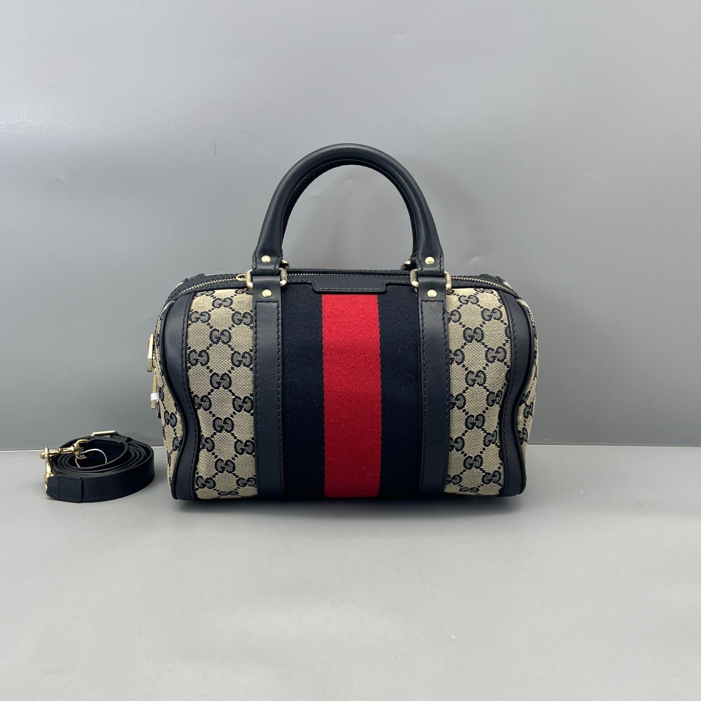 Gucci - GG Monogram Boston Bag with Web Stripe - Canvas with Leather trim - Beige and Blue - (Small)