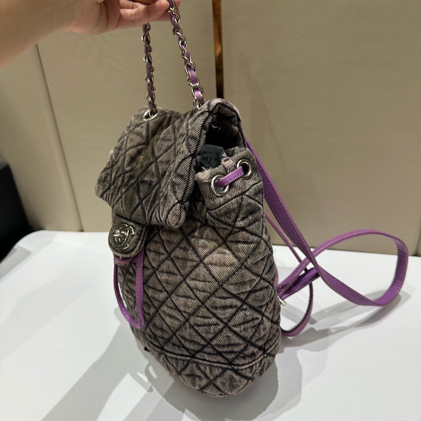 Chanel - Salzburg Washed Denim Drawstring Backpack - Denim with leather trim - Purple - (Small)