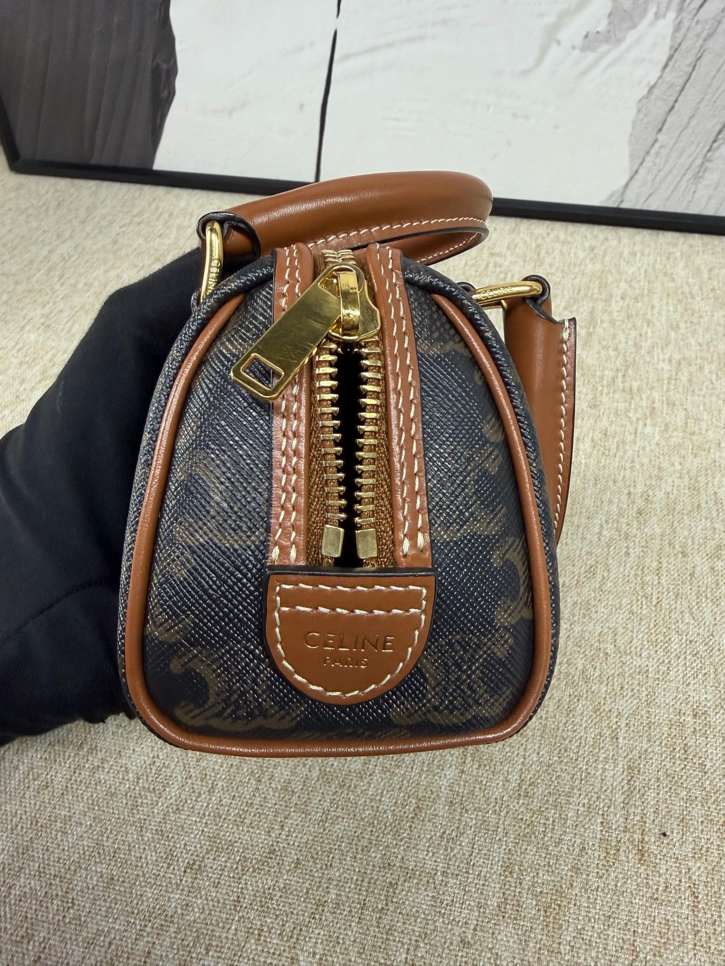 Celine - Triomphe Embroidered Mini Boston Bag - Triomphe coated canvas with leather trim - Brown - (mini)