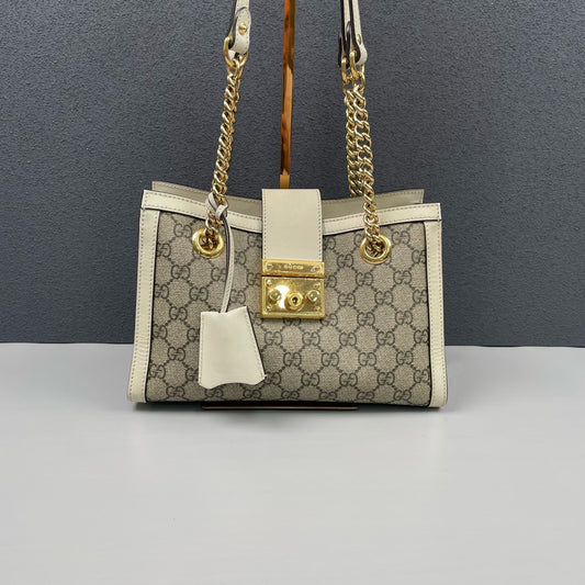 Gucci - Padlock Small Tote Bag - GG Supreme canvas with leather trim - Beige and Cream with Gold-Tone Hardware - (Small)