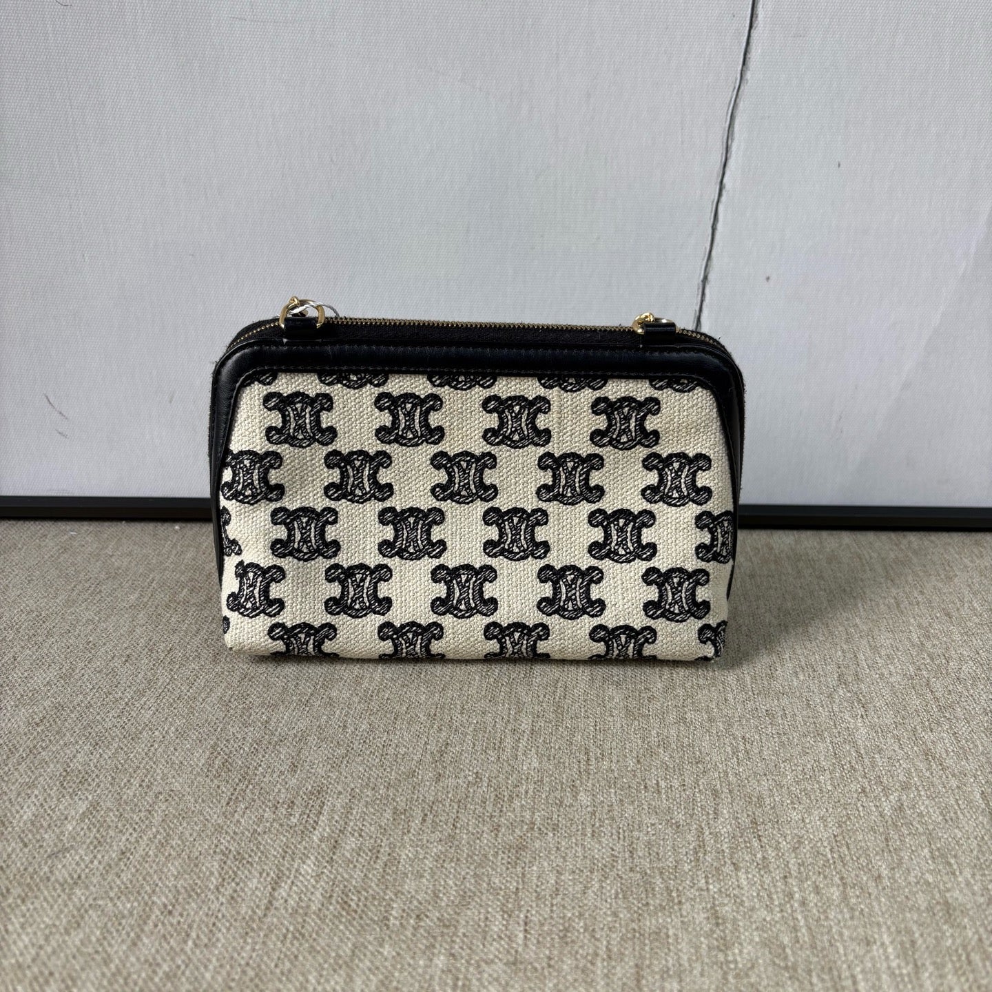 Celine - Mini Triomphe Canvas Pouch with Chain - Triomphe Canvas and Calfskin Leather - Beige, Black, Gold-Tone Hardware - (mini)