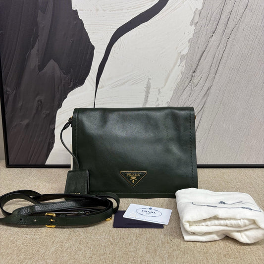 Prada - 1BD085 Glace Calf Flap Messenger Bag - Glace Calf leather - Emerald Green - (medium)