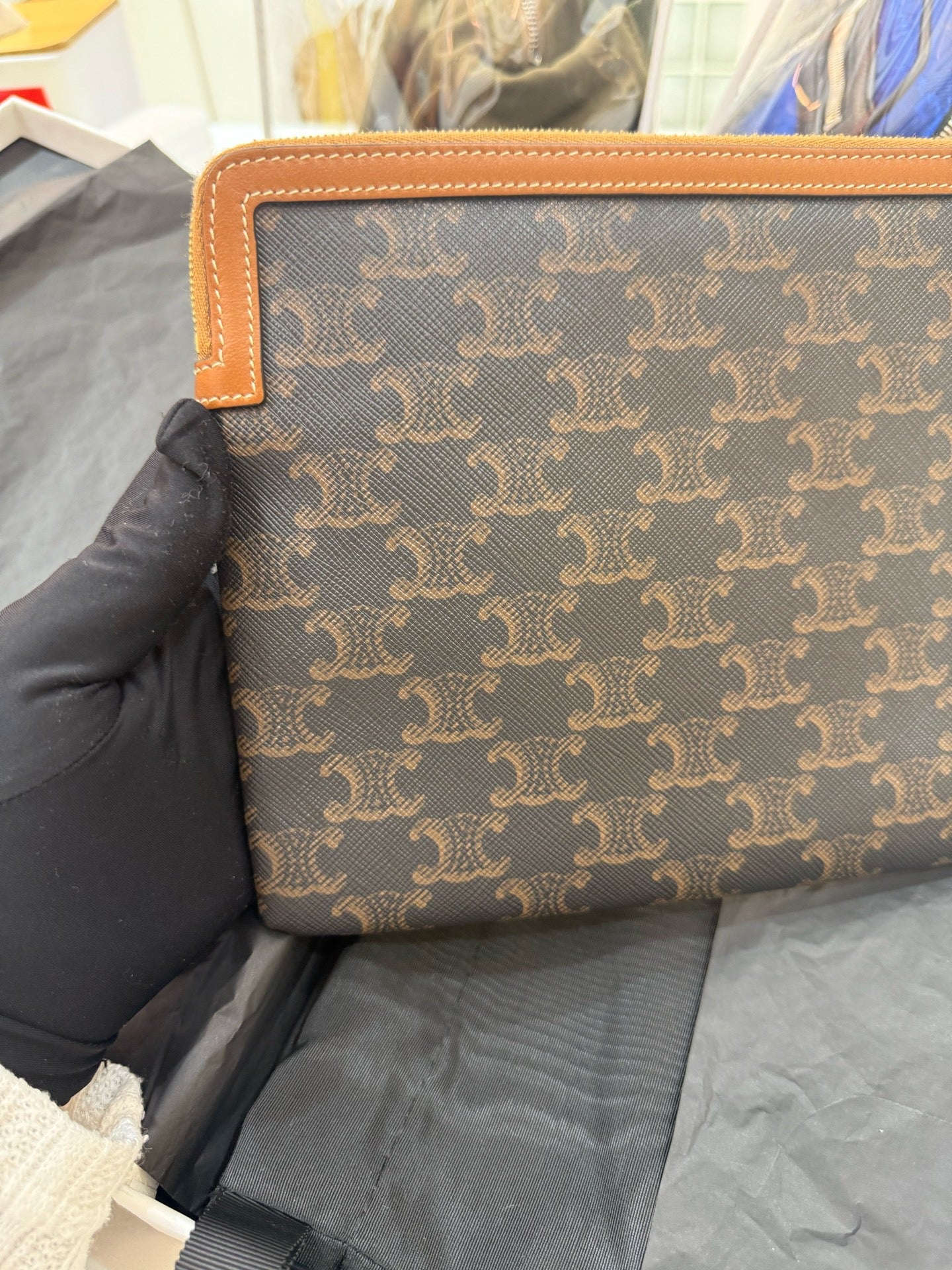 Celine - Triomphe Canvas Clutch - Triomphe coated canvas with leather trim - Brown - (medium)