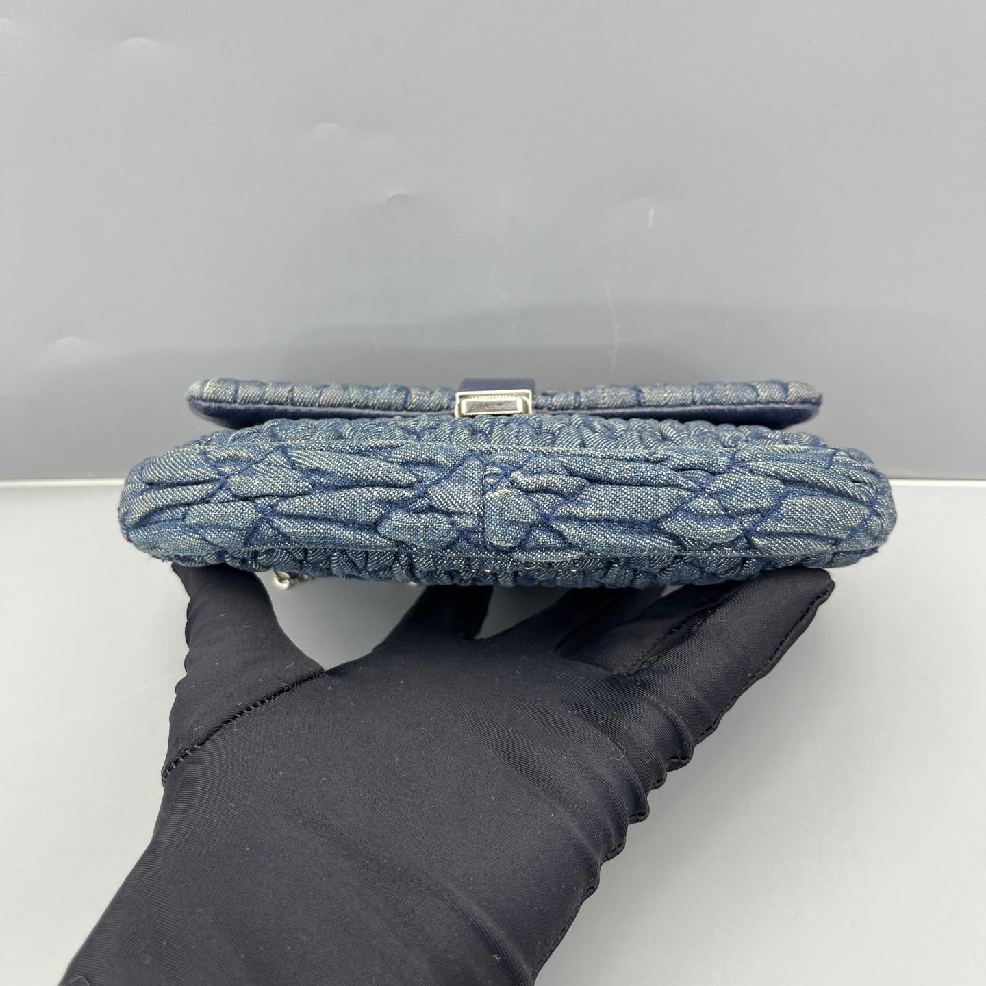Miu Miu - Matelassé Denim Gemstone Chain Flap Bag - Denim - Blue - (mini)