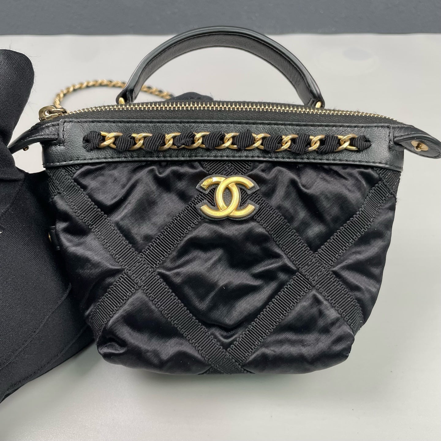 Chanel - Mini Top Handle Crossbody Pouch Bag - Satin with leather trim - Black with Gold-Tone Hardware - (Mini)
