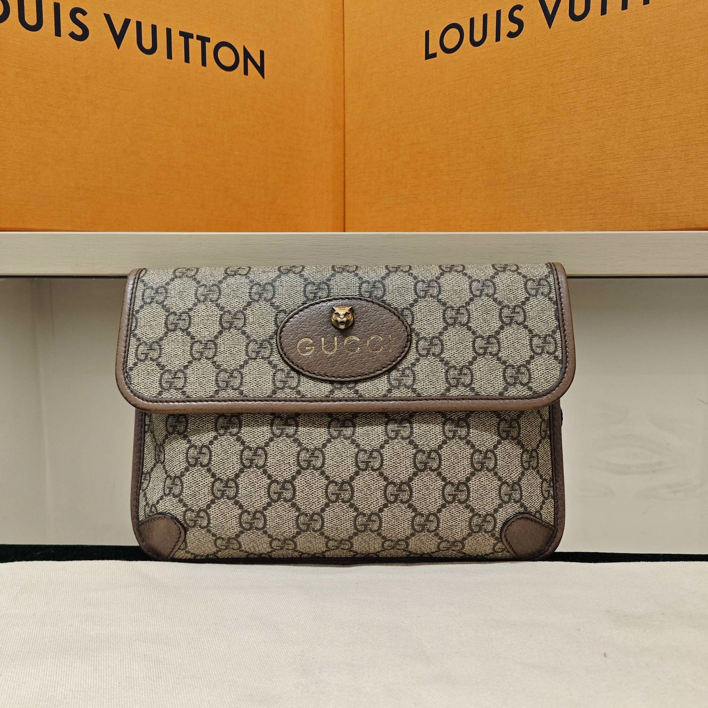 Gucci - Tiger Head Belt Bag - GG Supreme canvas with leather trim - Beige