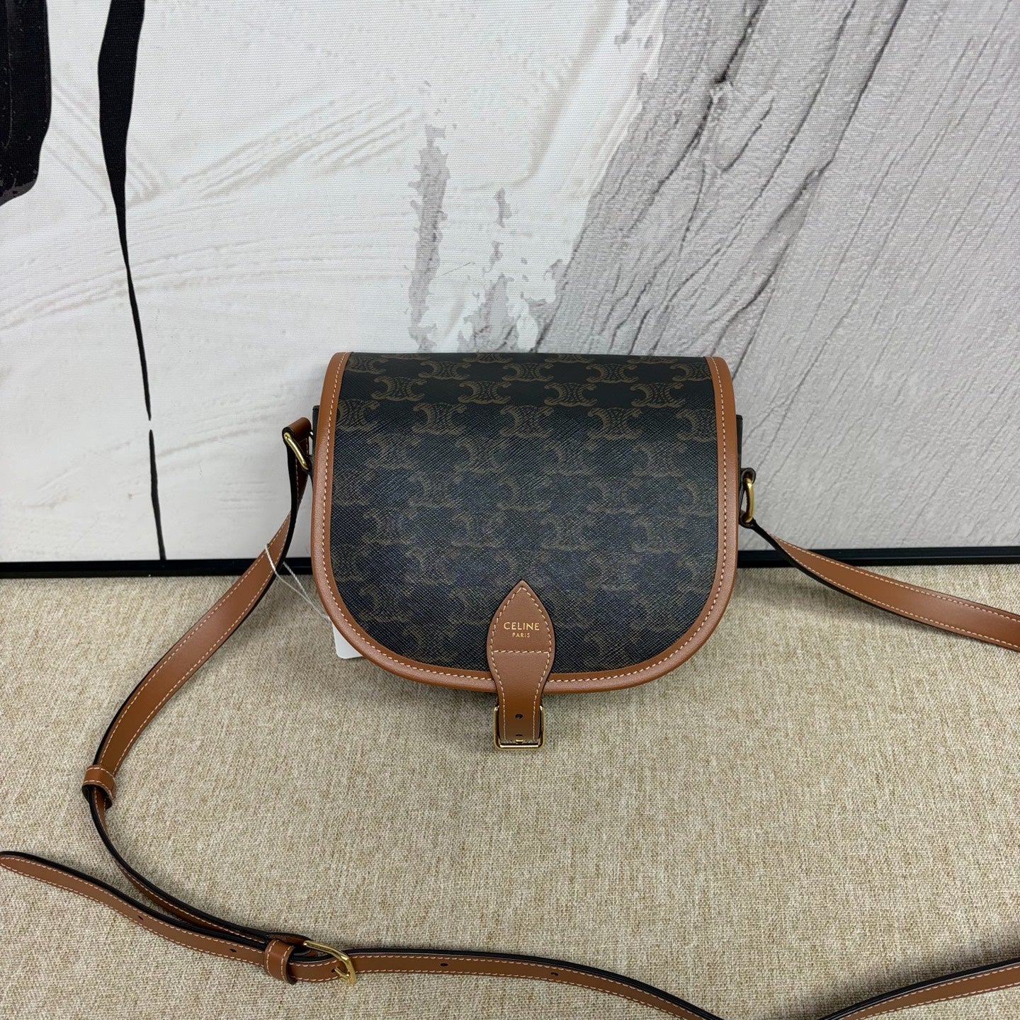 Celine - Triomphe Monogram Saddle Bag - Triomphe Canvas with Calfskin Leather Trim - Brown - (Small)