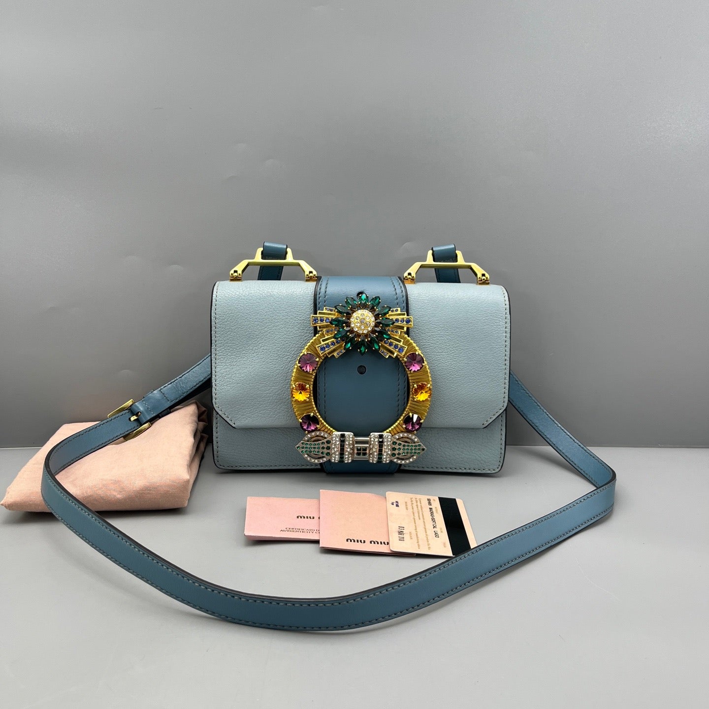 Miu Miu - Jewel Shoulder Bag - Grained leather exterior, suede interior flap, satin lining - Pale Blue - (Small)