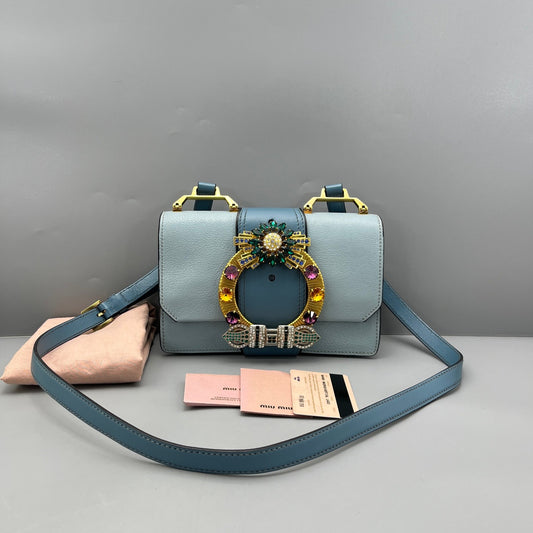 Miu Miu - Jewel Shoulder Bag - Grained leather exterior, suede interior flap, satin lining - Pale Blue - (Small)