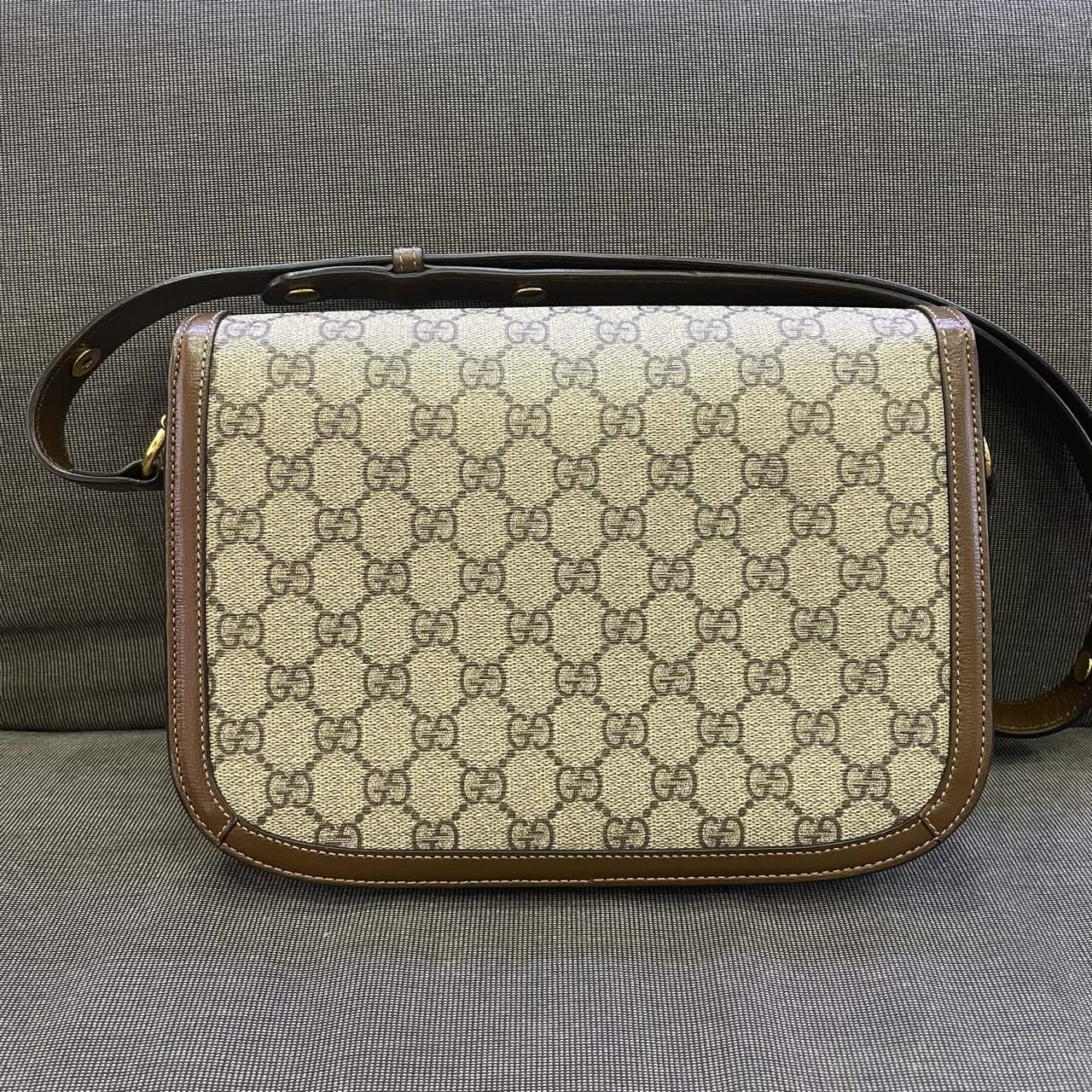 Gucci - 1955 Horsebit Shoulder Bag - GG Supreme canvas with brown leather trim and gold-tone hardware - Brown - (medium)