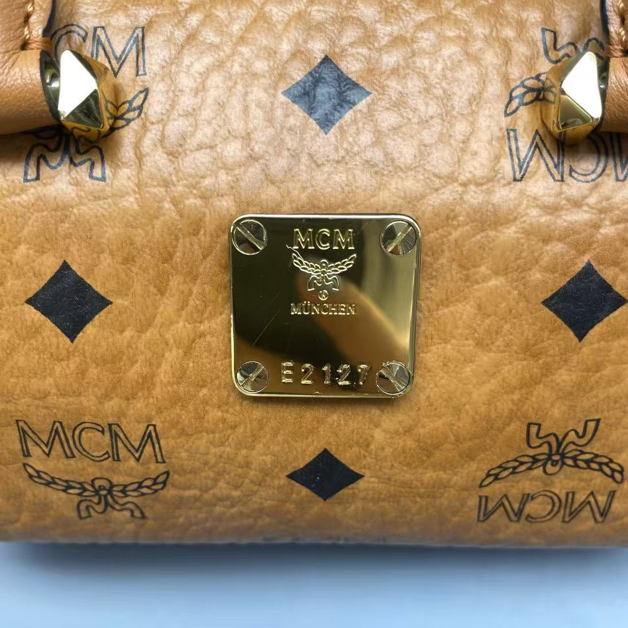 MCM - Visetos Mini Boston Bag - Visetos coated canvas and leather trim - Cognac - (mini)