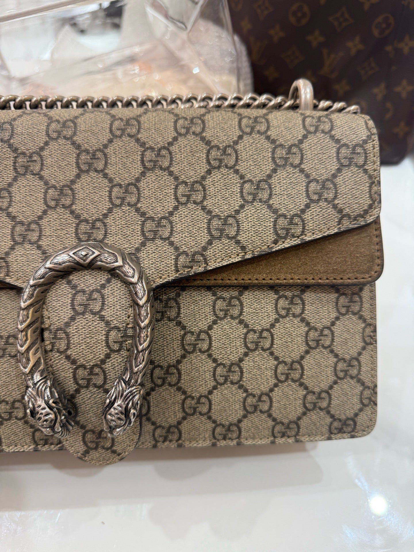 Gucci - Dionysus Shoulder Bag - GG Supreme canvas with suede trim - Camel - (medium)