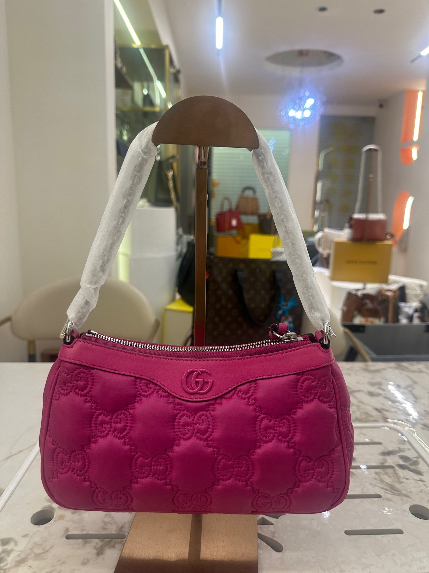 Gucci - GG Matelassé Handbag - Padded leather with leather trim - Pink - (small)