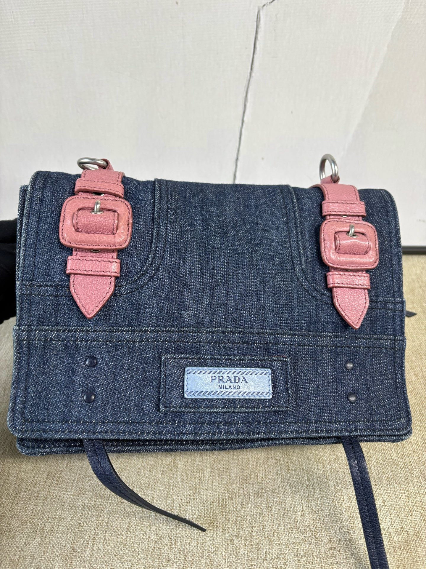 Prada - CD8037 Denim Messenger Bag - Denim and leather - Blue with Pink accents - (Medium)