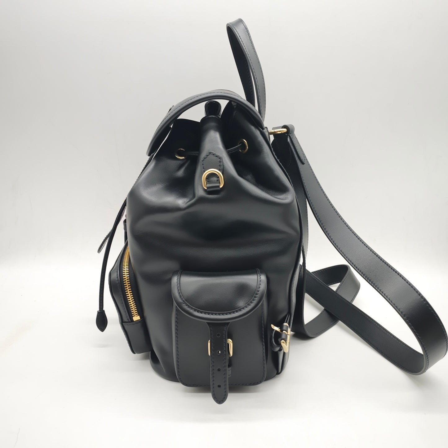 Miu Miu - Drawstring Flap Backpack - Leather - Black - (medium)