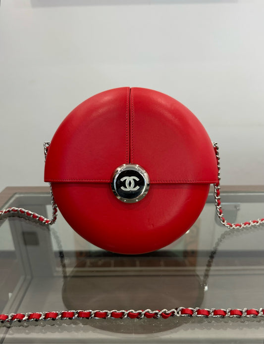 Chanel - Limited Edition Round Minaudiere with Chain - Leather - Red - (mini)