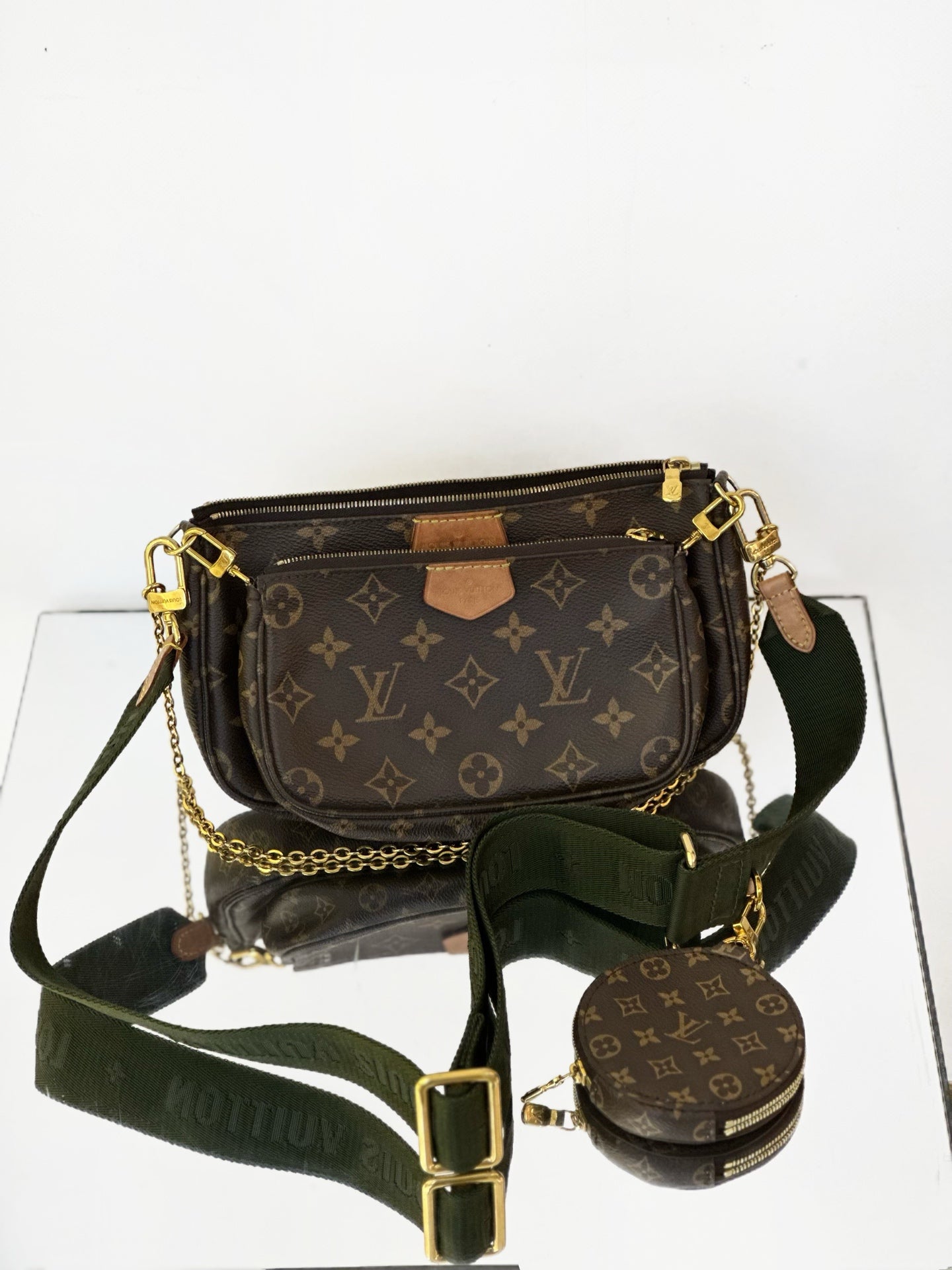 Louis Vuitton - Multi Pochette Accessoires - Monogram coated canvas with natural cowhide leather trim and textile strap - Brown (Monogram canvas) with Khaki Green strap - (Small)