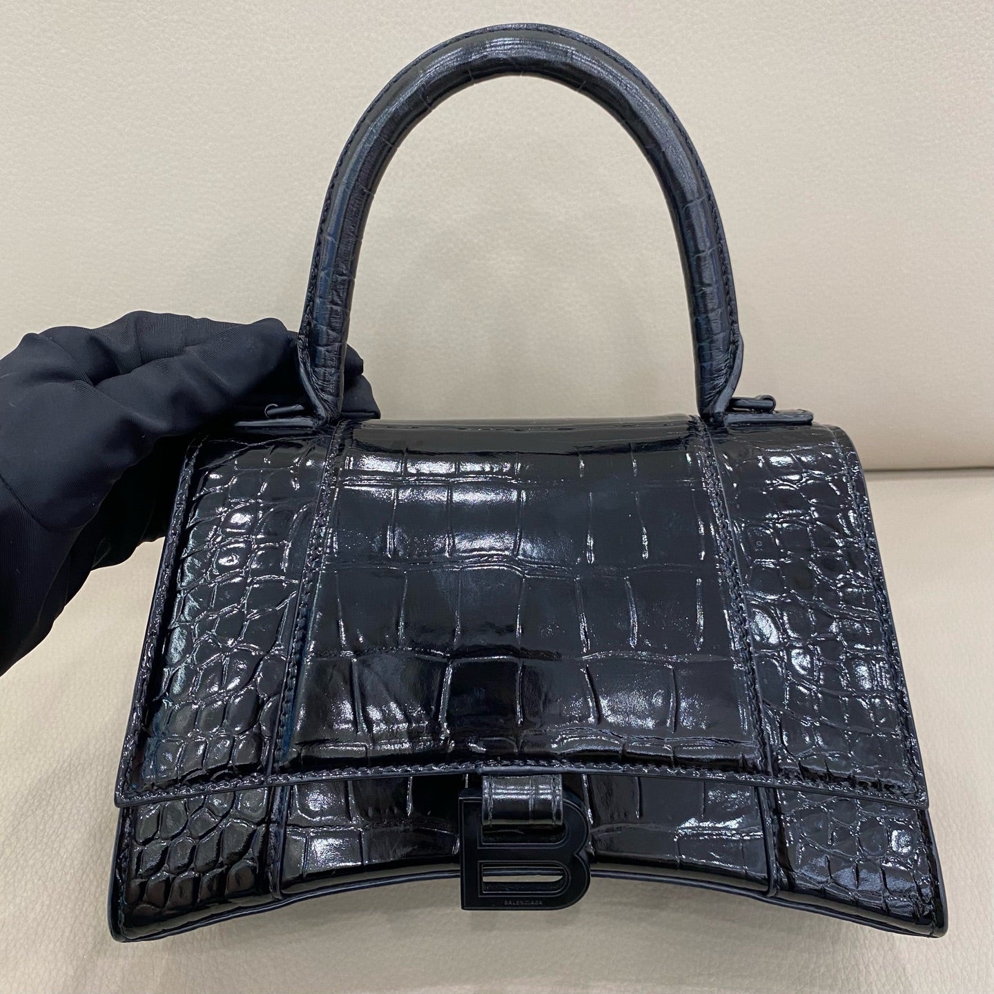 Balenciaga - Hourglass Bag - Crocodile embossed patent leather - Black - (small)