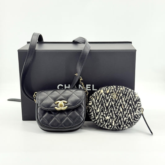 Chanel - Gemini Belt Bag - Lambskin leather and Tweed - Black and White - (Mini)