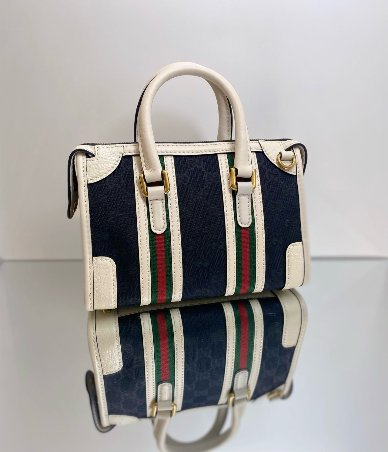 Gucci - Exquisite Top Handle Bag - GG Canvas and Leather - Black with White trim and Red/Green Web - (mini)