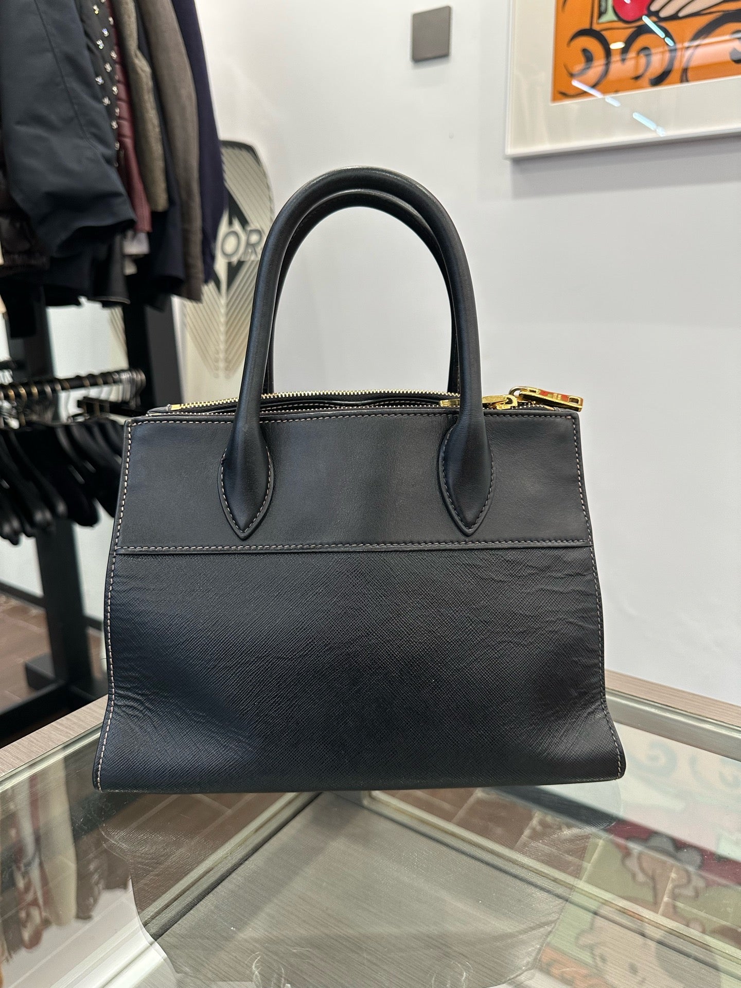 Prada - Saffiano Crossbody Top Handle Bag - Saffiano leather - Black - (Medium)