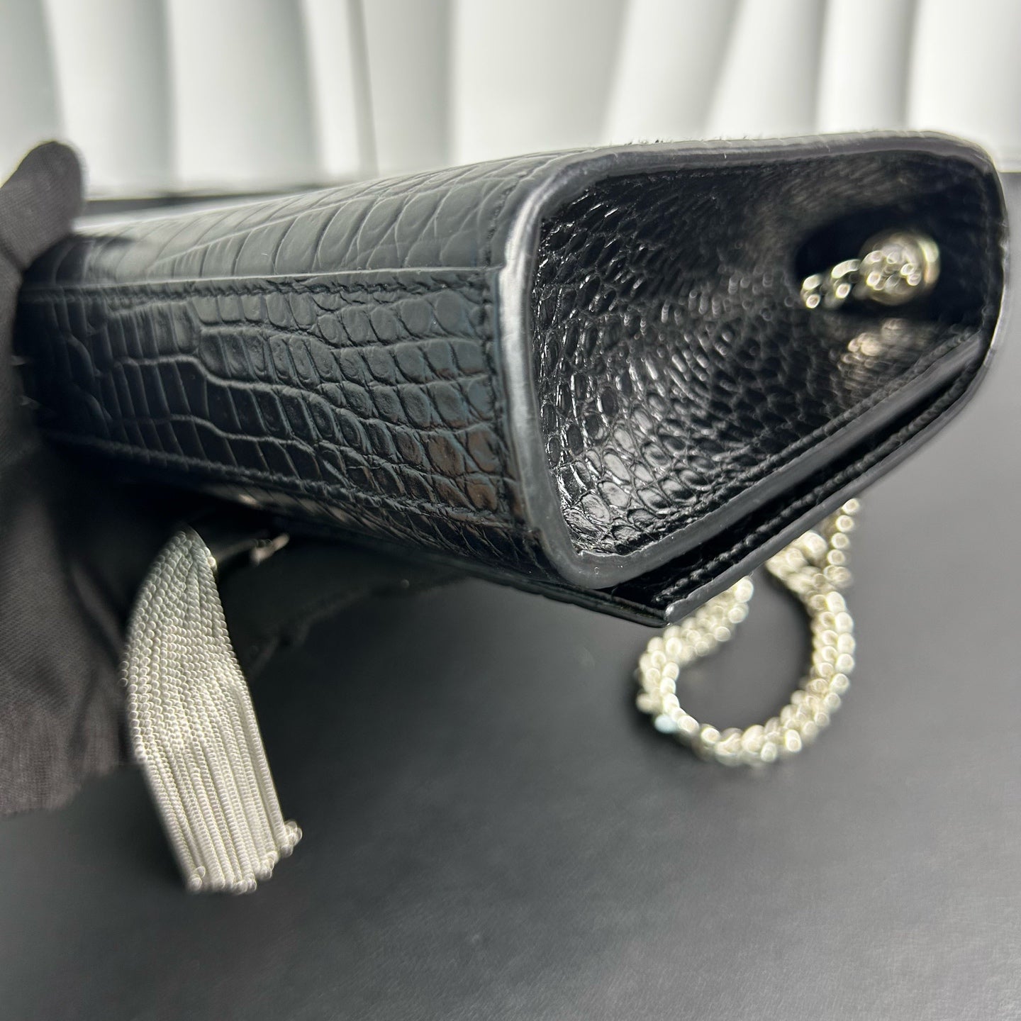 Saint Laurent - MONOGRAM KATE Tassel - Crocodile embossed leather - Black with Silver-Tone Hardware - (mini)