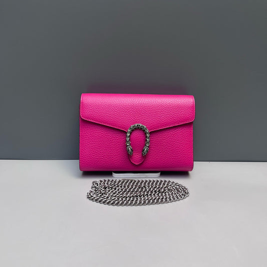 Gucci - Dionysus Wallet on Chain (WOC) with Crystal Buckle - Grained leather - Hot Pink with Aged Silver-Tone Hardware - (mini)