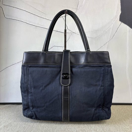 Chanel - Denim and Leather Tote Bag - Denim and leather - Dark Blue and Black - (medium)
