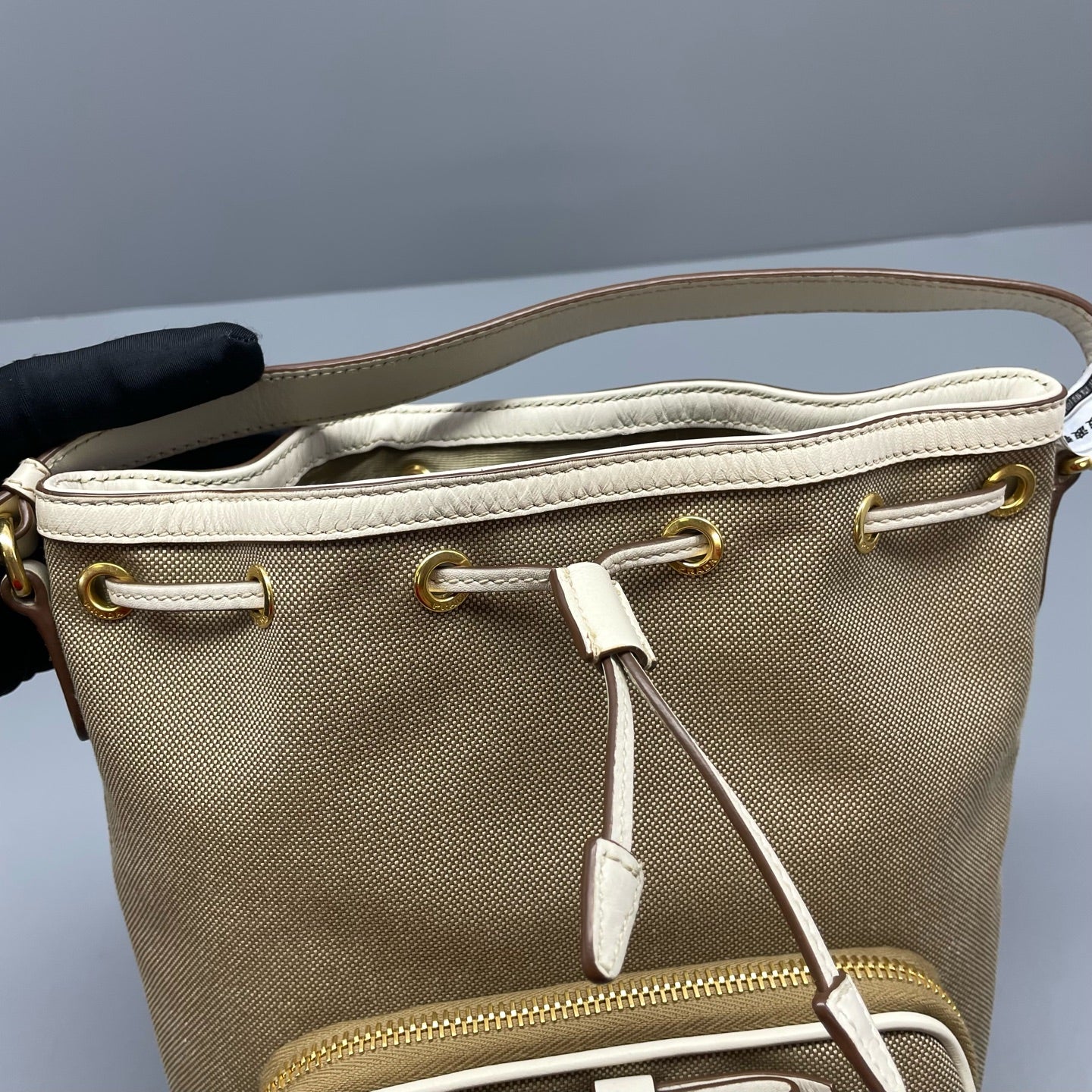 Prada - Drawstring Bucket Bag - Canvas with leather trim - Beige - (Small)