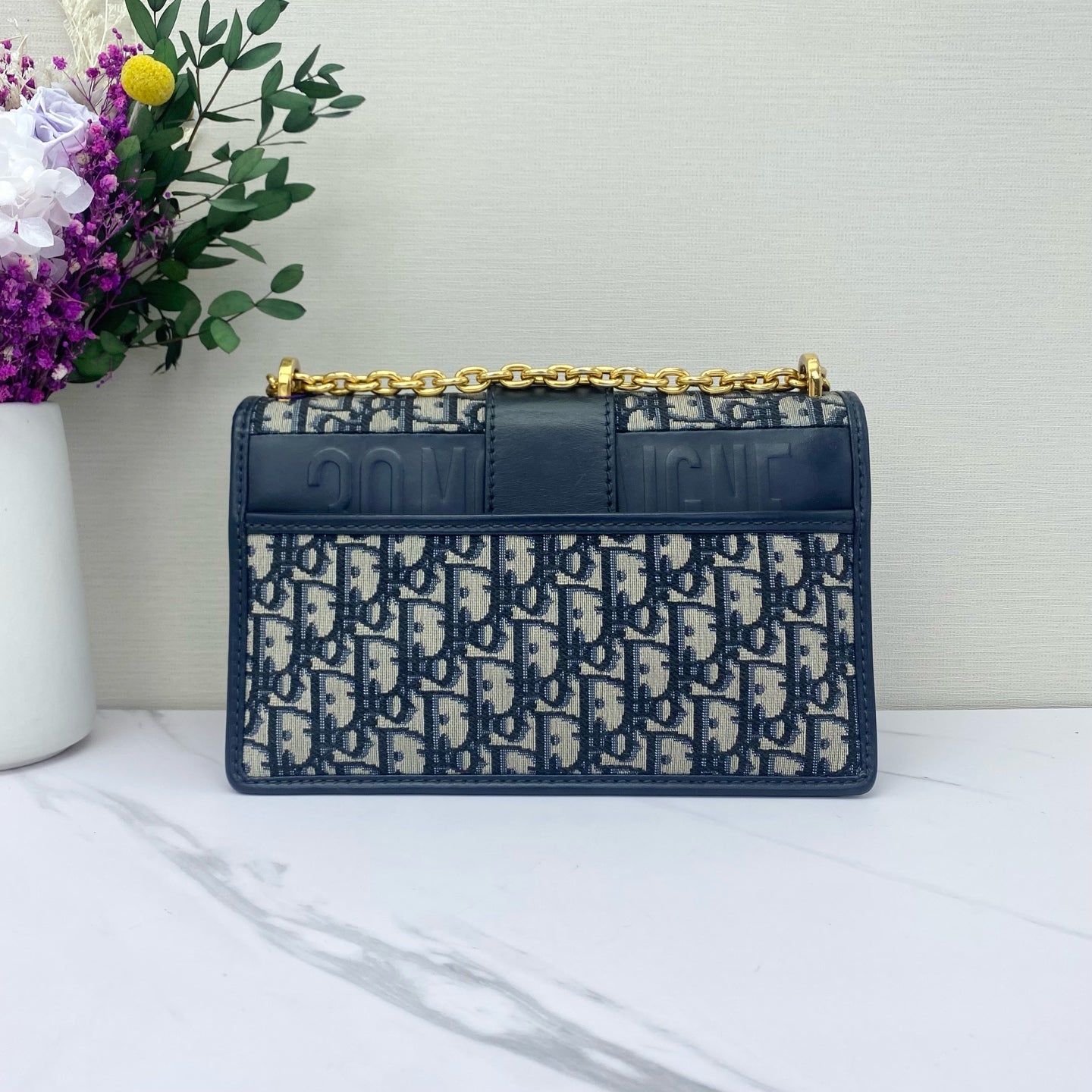 Dior - 30 Montaigne - Dior Oblique embroidered canvas with leather trim - Navy blue and beige - (small)