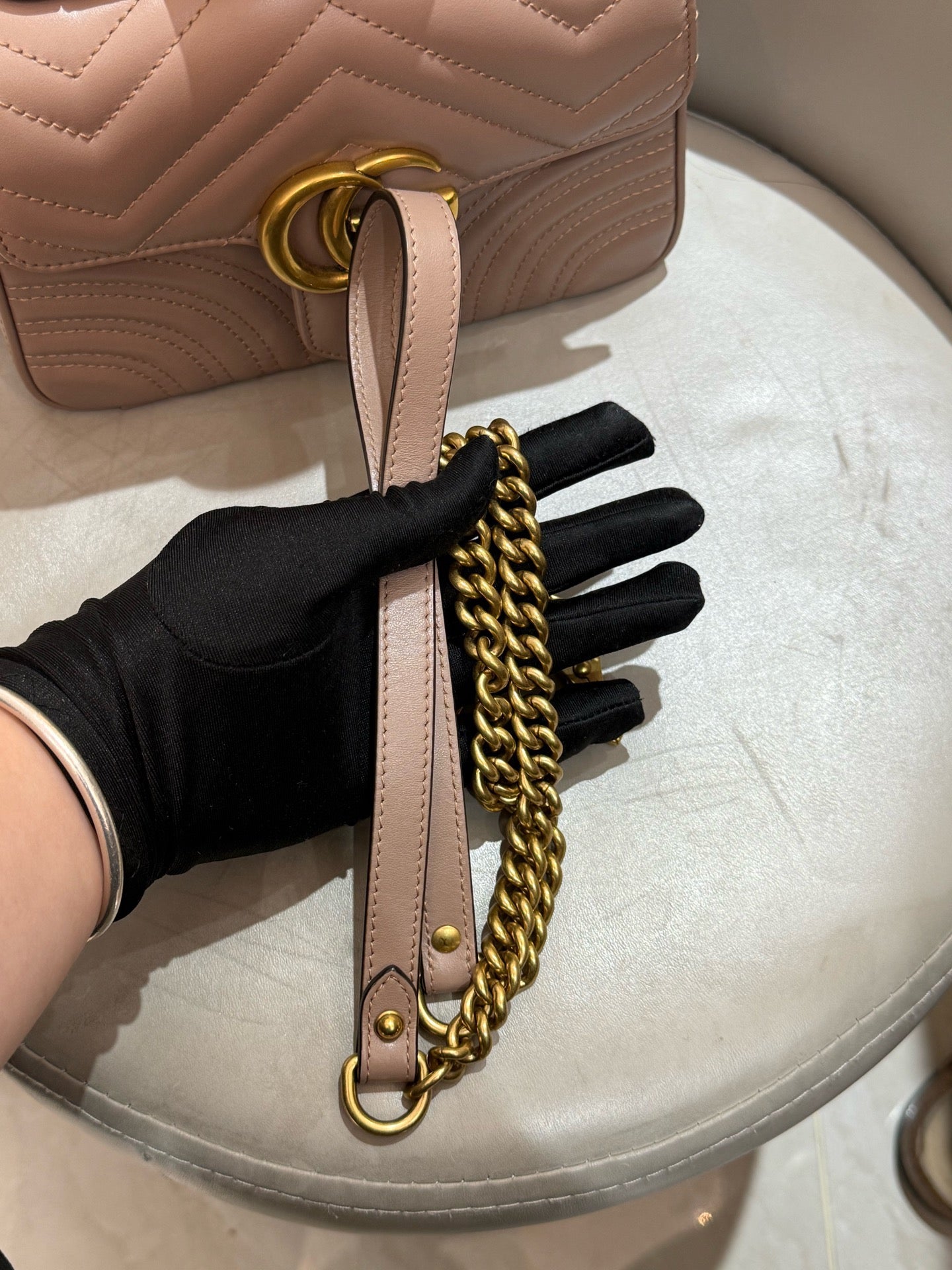 Gucci - GG Marmont Matelassé Top Handle Messenger Bag - Matelassé chevron-quilted calfskin leather - Taupe beige with Antique Gold-Tone Hardware - (mini)