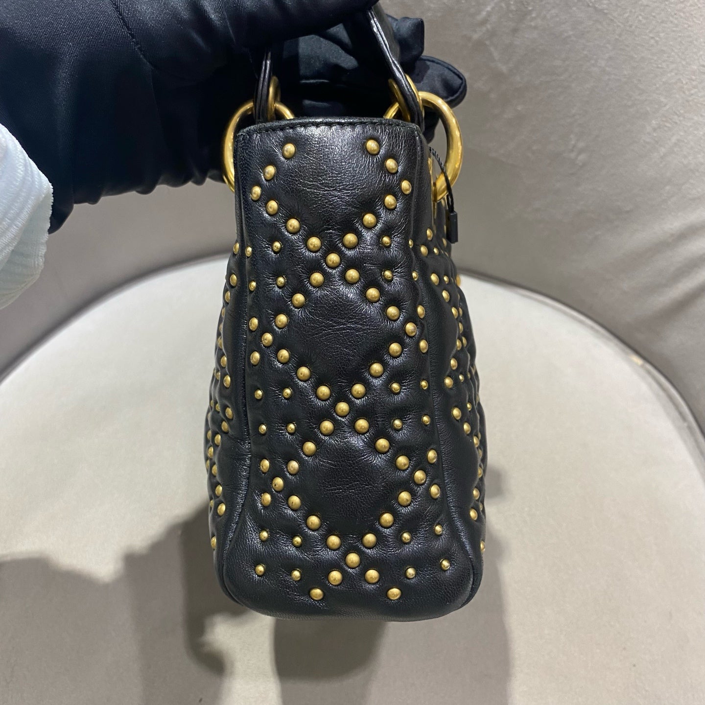 Dior - Lady Dior (Studded) - Lambskin leather with gold-tone rivets - Black - (Mini)