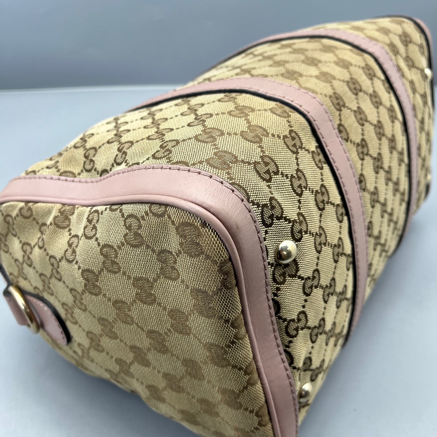 Gucci - Boston Bag - GG Monogram Canvas with Leather Trim - Beige and Pink with Brown Accents - (medium)